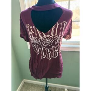 Purple Distressed Graphic Tee Open Back Good Vibes Roses Size Large Y2K Boho